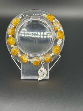 Golden Crackle Glass Bead Charm Bracelet with Leaf Pendant